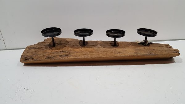 teak erosion wood piece with candle holders 70x20x16cm